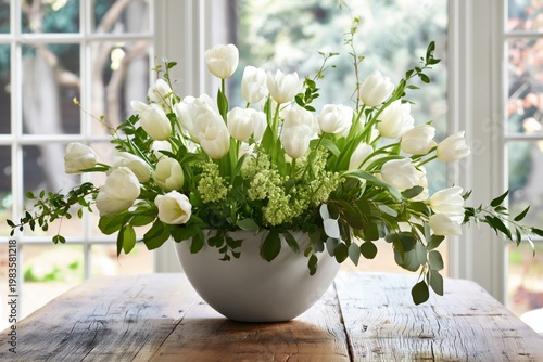 Fresh White Flowers in a Pot by a Window With Green Plants in a Bright Room