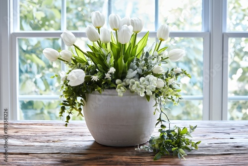 White Tulips and Green Plants in a Pot Displayed on a Wooden Table Near a Window
