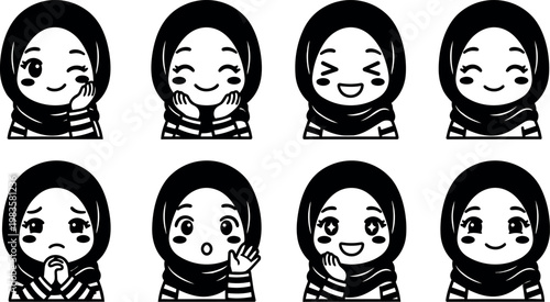 Girl in hijab showing eight different facial expressions
