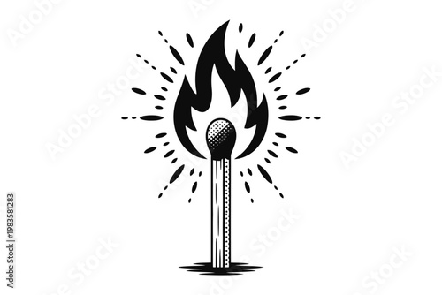 Black and white of a matchstick with a bright flame fire burning