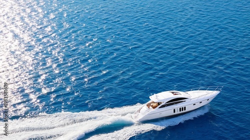 Motorboat Sails Across Sunny Blue Ocean During Bright Day