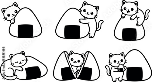 Black and white line art cat playing with onigiri rice balls set
