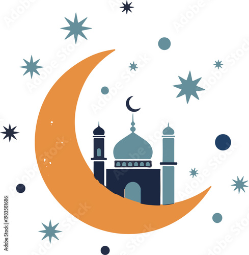 Mosque silhouette on crescent moon with stars and celestial bodies