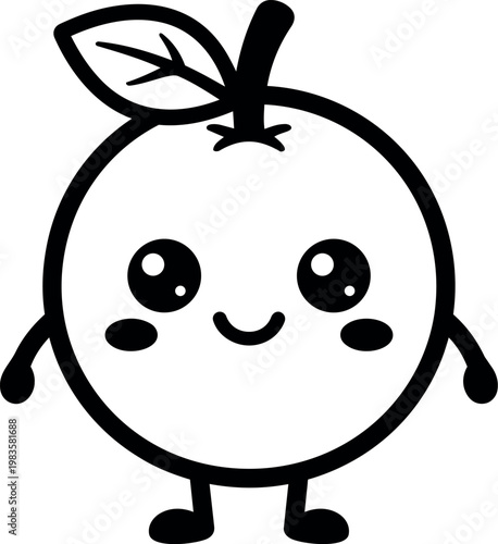 Cute smiling peach cartoon character with leaf and limbs black and white vector art