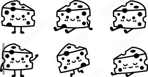 Black and white cartoon cheese characters with smiles and various poses vector art