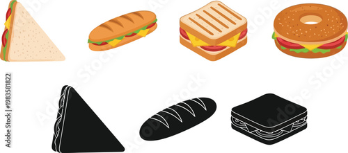 Assorted food items cheese sandwiches and chocolate treats displayed