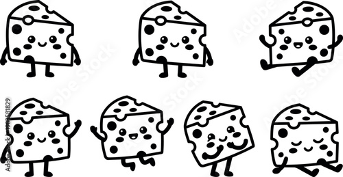 Cartoon cheese slices with smiling faces in various poses vector art