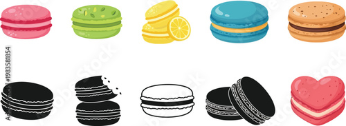 Colorful macaron stacks and black white line art variations