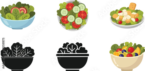 Colorful salad bowls and vector illustrations of fresh produce