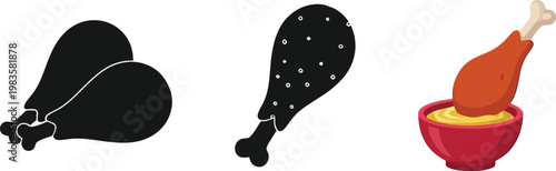 Cartoon chicken legs black silhouette and colorful fried drumsticks