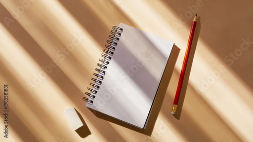 Open Notebook With Pencil and Eraser on Light Background in Afternoon Sun
