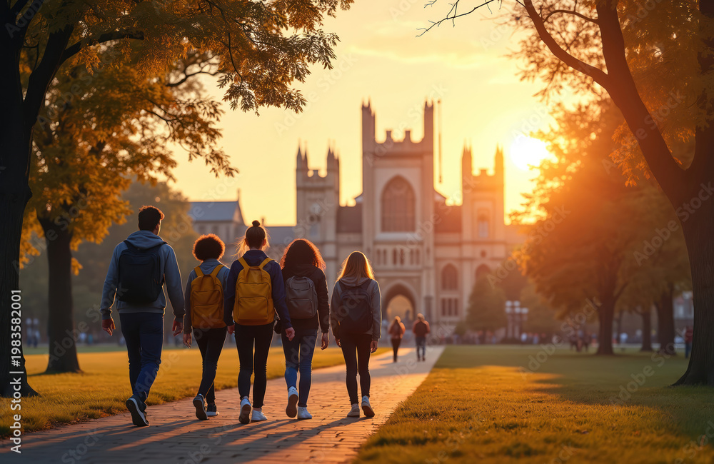 Naklejka premium Students walk on campus path towards historic school buildings at sunset. Group explores university grounds during golden hour autumn season. Future scholars visit college for admissions.