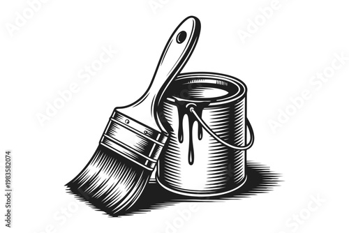 Black and white of a paint brush and can with dripping paint can monochrome