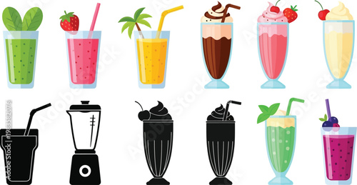 Colorful smoothie and drink collection with blender and accessories
