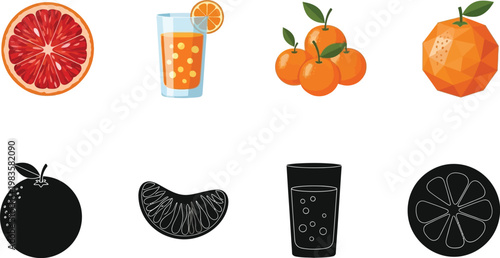 Citrus fruits and juice still life with abstract shapes