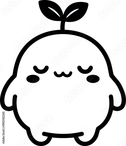Cute kawaii character with closed eyes and small plant sprout on head black and white line art