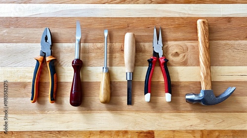 Set of Tools Displayed on a Wooden Surface for Various Tasks and Repairs in a...