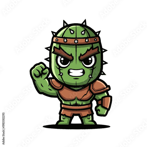 Cucumber warrior in armor standing strong.