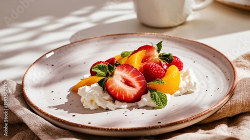 Fresh Fruit and Cream Served on a Plate During Morning Hours at a Kitchen Table