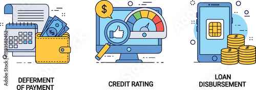 Financial services concepts set with deferment of payment credit rating analysis loan disbursement fintech banking vector illustration