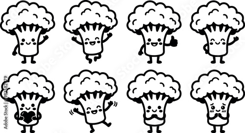 Cute happy broccoli characters with smiling faces and various hand gestures black and white line art
