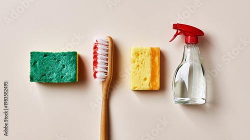 Kitchen Cleaning Tools Arranged on a Flat Surface With a Spray Bottle and Spo...