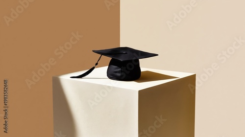 Graduation Cap on a Pedestal With Neutral Background in Minimal Setting