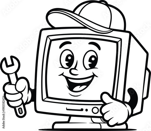 Cartoon computer monitor with a face cap and wrench