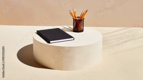 Simple Workspace With Notebook and Pencils on Round Table in Soft Light