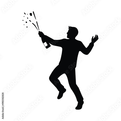 Man opening champagne bottle during celebration silhouette vector illustration on white bg