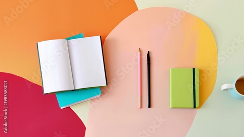 Colorful Workspace With Notebook, Pens, and Coffee Cup on Vibrant Backdrop