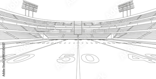 Sketch of a large stadium likely for american football with towering light posts and empty seating
