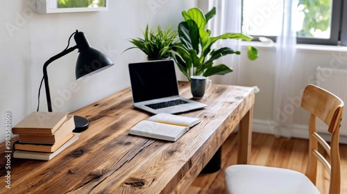Modern Workspace With Laptop and Books in a Bright Room With Plants in the Ba...
