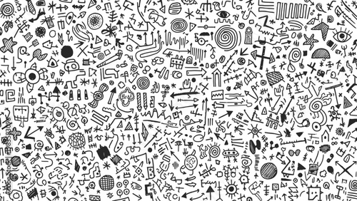 Intricate black and white doodle art a chaotic yet captivating abstract pattern of hand drawn elements