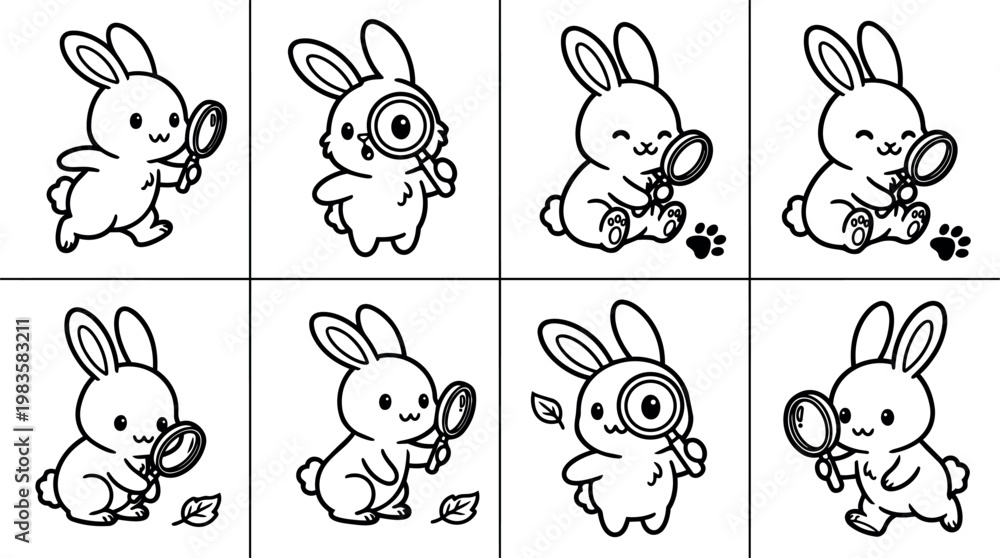 Obraz premium Cute black and white bunny holding magnifying glass exploring nature vector art