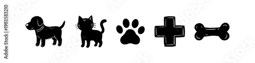 Set of hand-drawn pet silhouettes including a dog, cat, paw print, medical cross, and bone. Ideal for veterinary clinic branding, pet shop logos, and animal care website designs.
