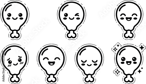 Black and white kawaii chicken leg emoticons with various happy and shy facial expressions