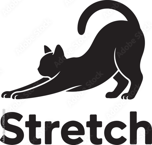 Black cat stretching with the word stretch animal