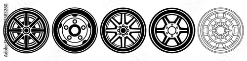 Vector illustration set of various car wheel rims and alloy wheel icons, black and white automotive parts collection.