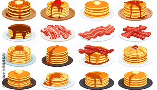 Pancakes and bacon breakfast food items.