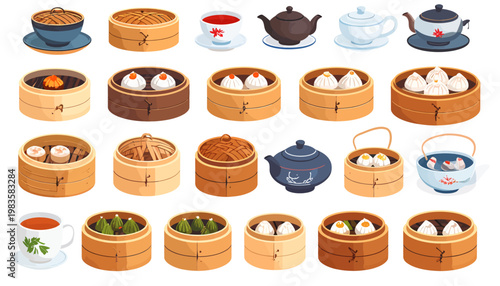 Steamed dumplings in bamboo baskets.