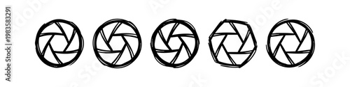 Set of hand-drawn camera aperture icons in a sketchy minimalist style. Black ink illustrations on white, representing photography lens settings and f-stops.