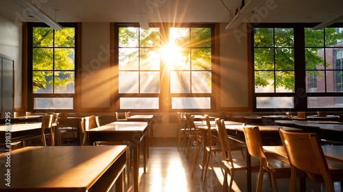 Sunlight Shines Through Windows in Classroom During Morning Hours