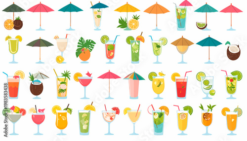 Colorful Cocktails with Umbrellas and Fruits.