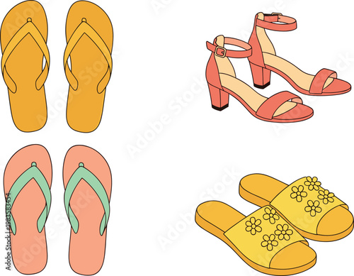 Summer footwear set flip flops sandals slippers vector illustration beach casual shoes collection stylish design