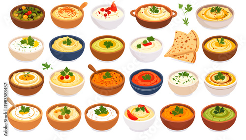 Variety of colorful dips and spreads.