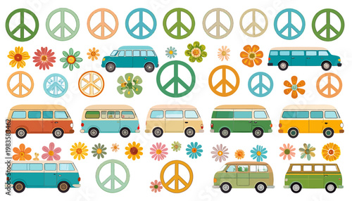 Colorful Vintage Peace Sign Van Illustrations.