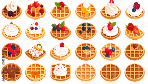 Variety of sweet waffles with toppings.