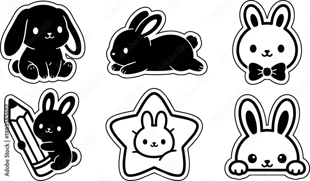 Fototapeta premium Black and white cute bunny stickers with bow tie pencil star shapes