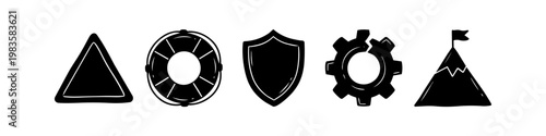 Set of five hand-drawn black silhouette icons: triangle, lifebuoy, shield, gear, and mountain peak with flag. Concepts for business strategy, risk management, safety, and achievement.